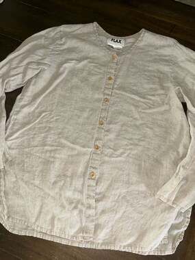 FLAX 100% Linen Tan Button Front Collarless Long Sleeve Tunic Top